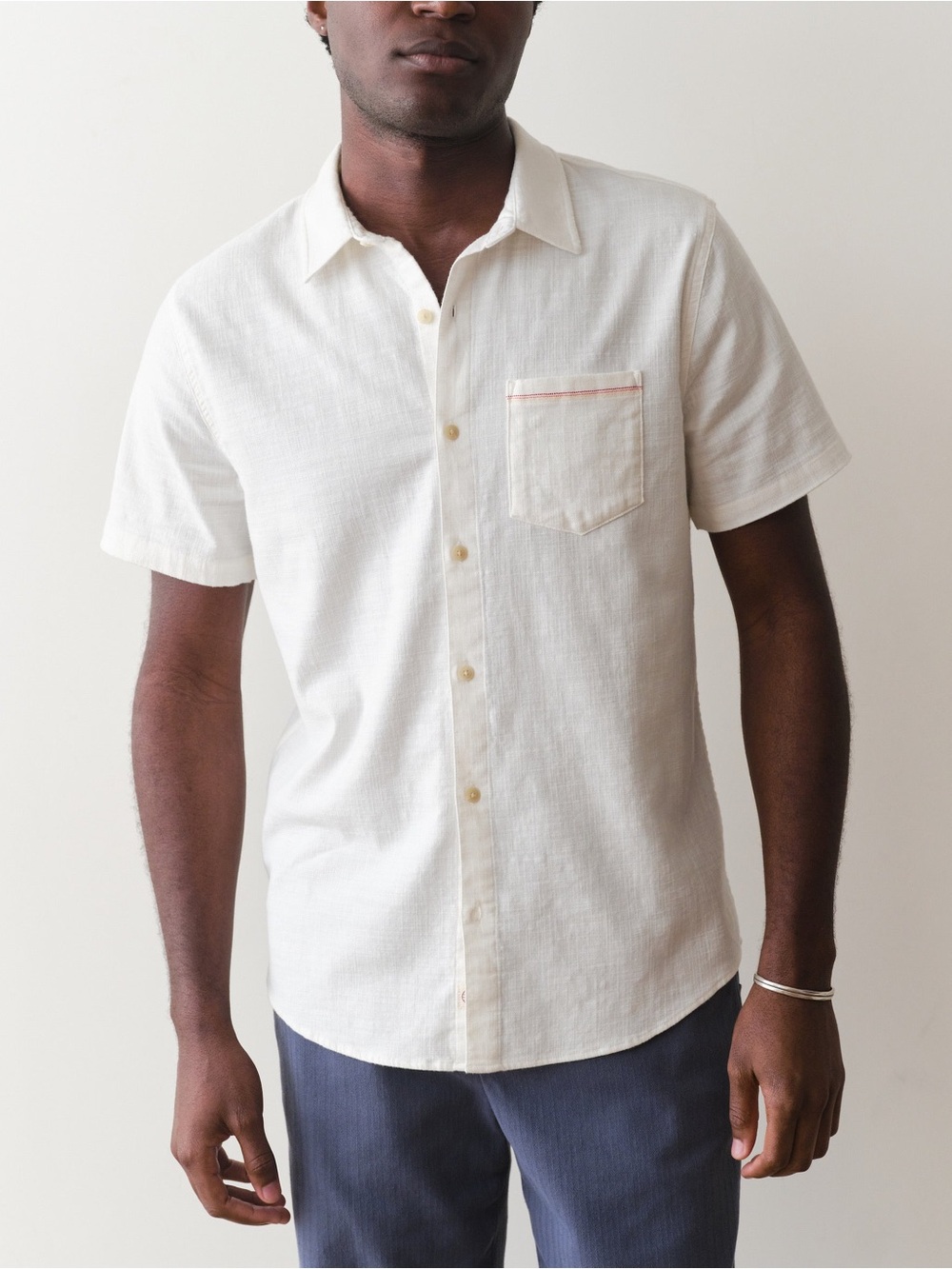 Marine Layer Stretch Selvage Short Sleeve Shirt Cotton in Natural Ivory XXL - Picture 4 of 14